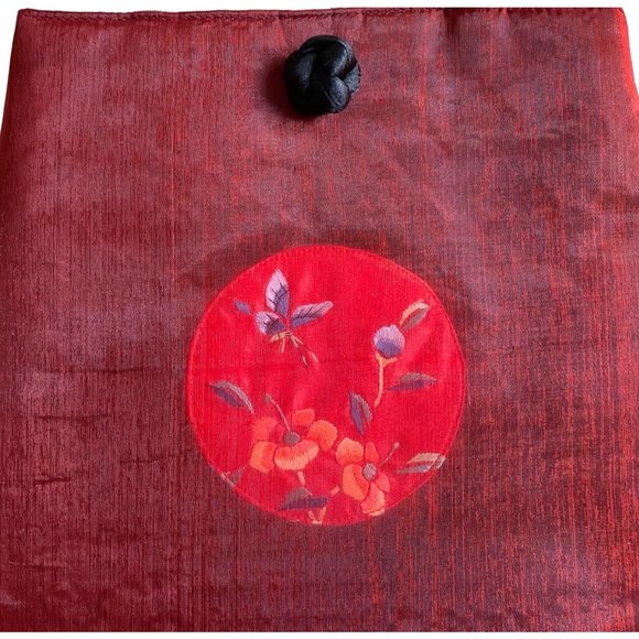 Pretty Embroidered Butterfly Flower Purse Red Organza Black Chinese Knot Handbag - Picture 2 of 5